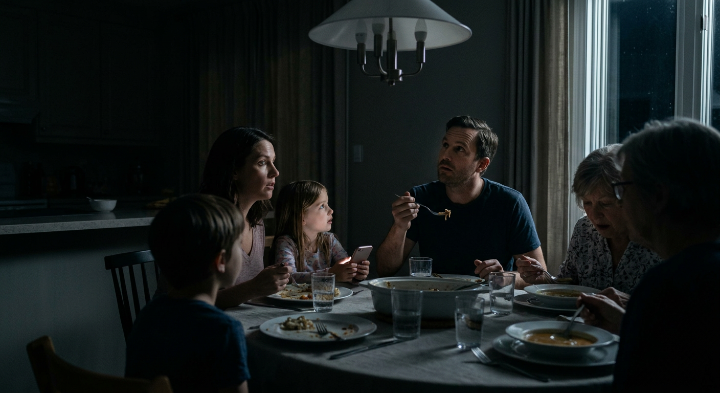 Family of six sitting at dinner table eating and talking in dimly lit room