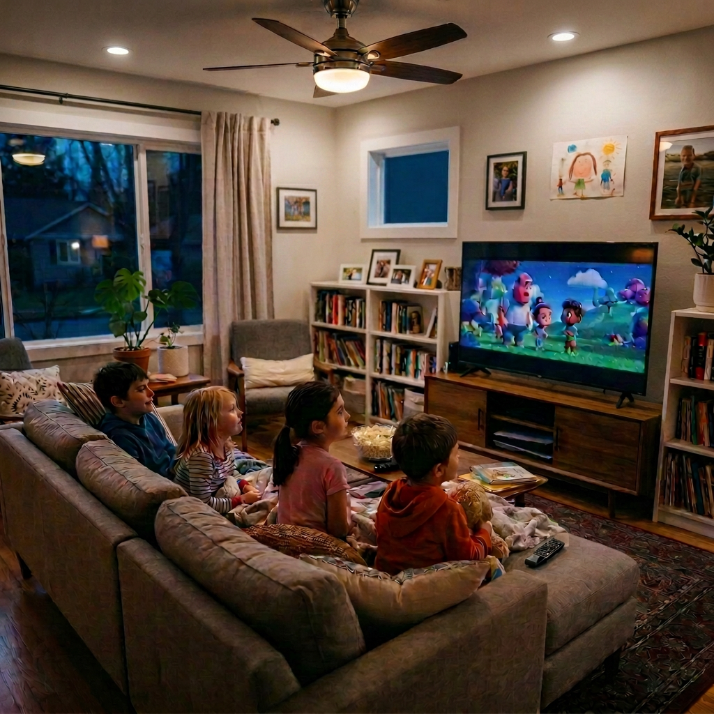 Four children sitting on a couch watching an animated movie on TV