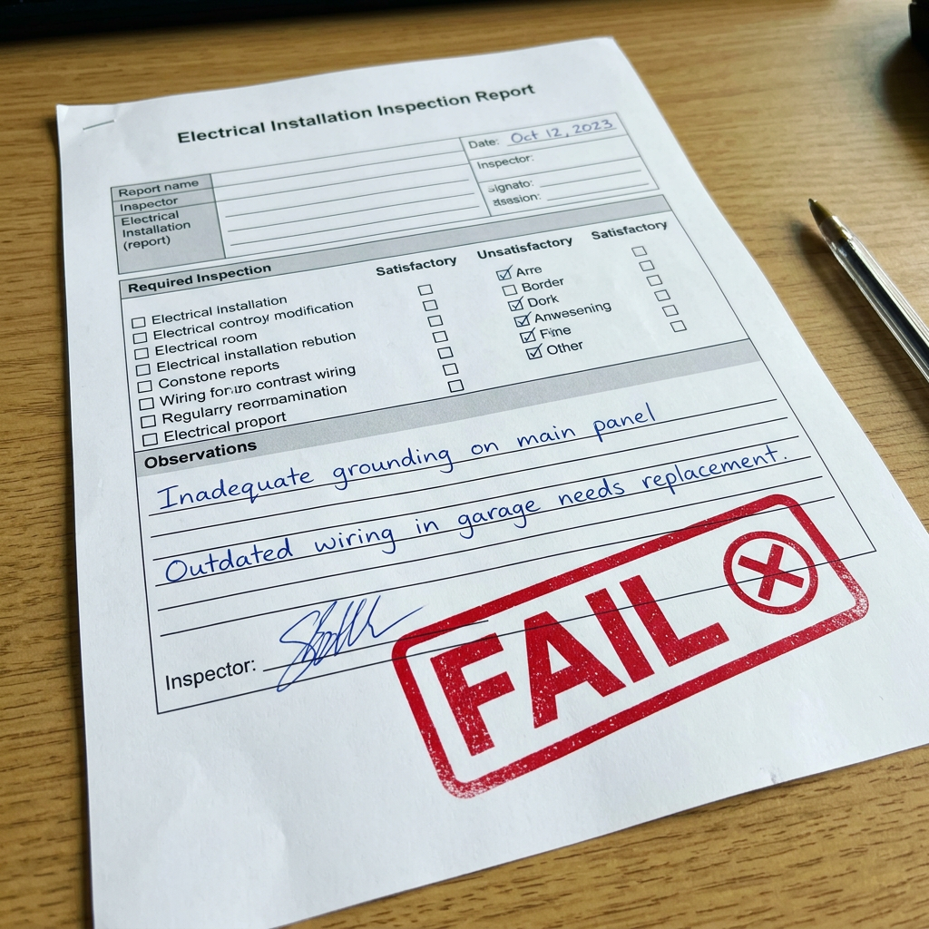 Electrical Installation Inspection Report dated Oct 12, 2023 with fail stamp and handwritten notes on grounding and wiring issues